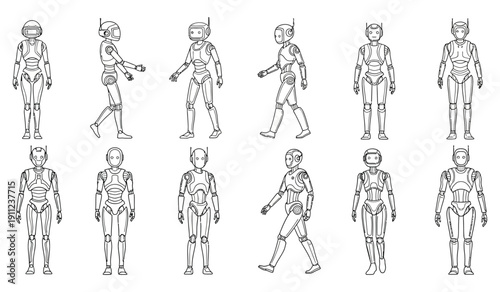 Collection of detailed black and white line art illustrations showcasing various humanoid android robots with different head designs and walking poses