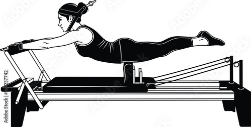 Pilates reformer exercise silhouette illustration, prone position, core strength, stability, flexibility training theme - flat vector design