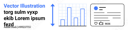 Data analysis, user engagement tracking, social media growth, digital marketing strategies, performance metrics, content insights. Bar chart alongside a post with thumbs ups. Data analysis and user