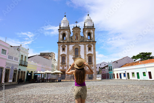 Holidays in Recife, Brazil. Tourist woman in the Patio of Sao Pedro square in the historic center of Recife, Brazil.