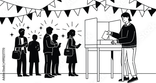Voting silhouette illustration, ballot box, people in line, civic engagement, democratic process, election participation, celebration theme - flat vector illustration