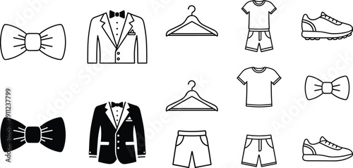 Clothing icon vector illustration, formal and casual attire symbols, tuxedo, bow tie, hanger, t-shirt, shorts, sneaker - flat vector illustration