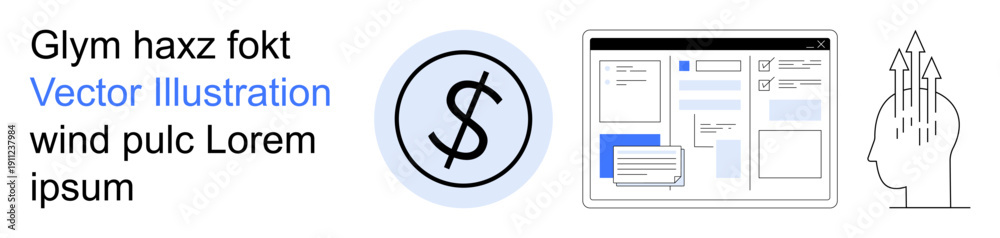 Obraz premium Finance, user interface design, cognitive analysis, technology, digital tools, problem-solving. Currency icon, UI layout and head with arrows. Finance and user interface design concept