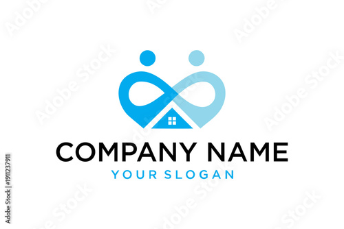 Modern Abstract Blue People and House Logo Design for Real Estate, Community, Family or Care Services