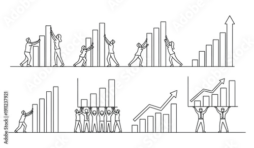 Business people working together collaboratively pushing and lifting various increasing bar chart graphics illustrating teamwork driving upward financial growth and strong market performance results