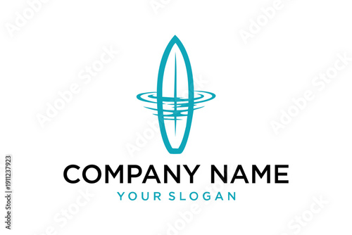 Minimalist Surfboard Logo Design with Water Ripples Icon