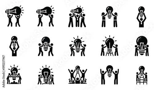 Collection of black silhouette icons illustrating teamwork and collaboration efforts focused on achieving a bright, illuminated idea represented by a large glowing lightbulb symbol.