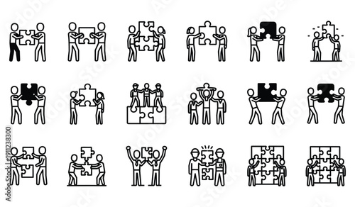 Collection of simple black and white line icons depicting various groups of people collaborating to solve complex problems using puzzle pieces representing teamwork and integration concepts.