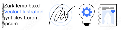 Digital identification, innovation, education, creativity, technology, and documentation. a signature, a lightbulb with a gear and a notebook with a heart. Digital identification and innovation