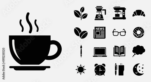 A collection of black and white icons representing coffee, breakfast, work, and relaxation activities.