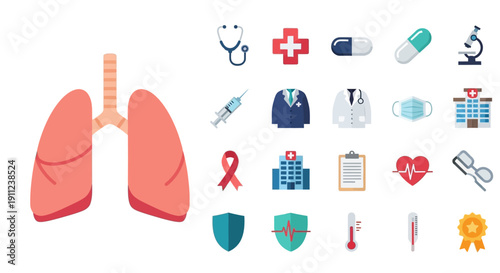 A collection of medical icons and illustrations, including lungs, stethoscope, pills, and hospital buildings, representing healthcare and medicine.