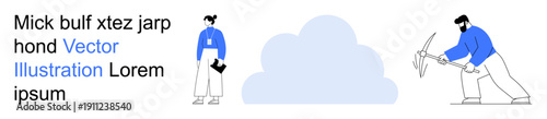 Technology, data storage, teamwork, cloud computing, digital collaboration, software. A worker holding a pickaxe next to a cloud and another person holding a tablet. Cloud computing and teamwork