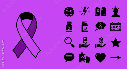 A purple ribbon symbolizing awareness, surrounded by various icons representing health, education, and support.