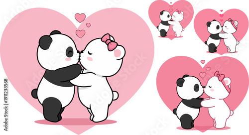Cute cartoon panda and polar bear couple kissing, pink heart background, vector illustration set