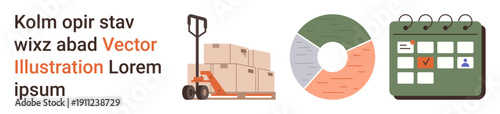 Logistics, supply chain, data analysis, inventory tracking, business planning, time management. A pallet truck with boxes, a pie chart and a calendar. Logistics and inventory tracking
