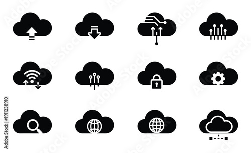 Collection of modern cloud computing vector icons and symbols, isolated on transparent background