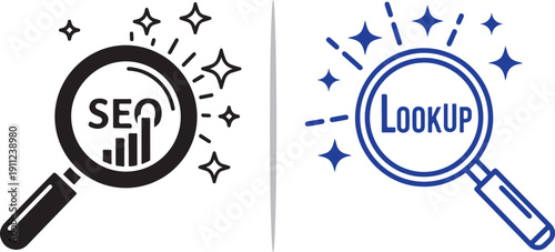Clean vector icons featuring a magnifying glass with an "SEO" growth chart and a blue "LOOKUP" search tool, both accented by sparkling stars to represent data optimization and discovery.