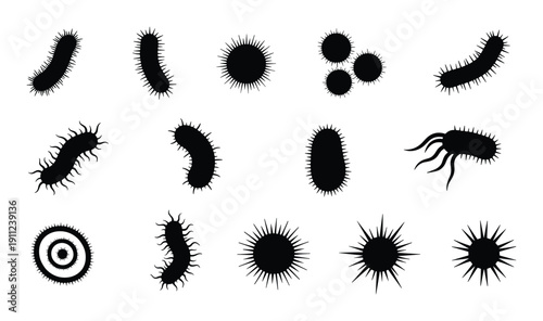 Microscopic set of virus germ pathogen or parasite organism concept in black silhouette graphic