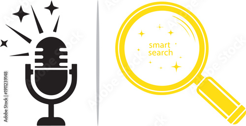 Clean vector icons featuring a professional condenser microphone with sparkling accents and a yellow magnifying glass labeled "smart search," representing high-quality audio discovery.