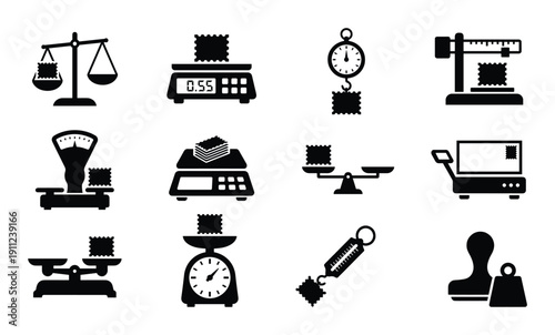 Scale icons showing different types and ways of weighing postage for delivery needs