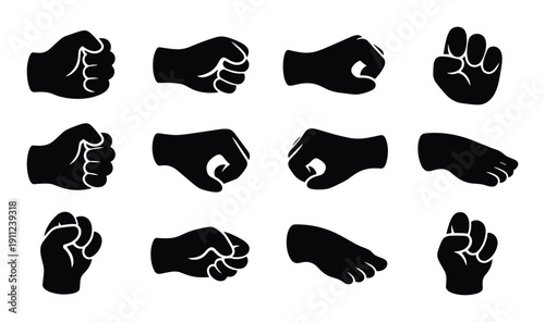Set of fist hands in various gestures and angles with silhouette style isolated on transparent