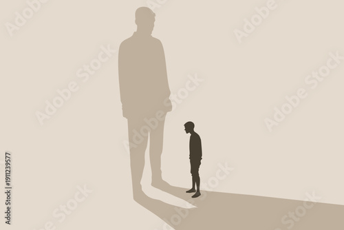Boy standing in father's overwhelming shadow, fear of authority, parental trauma silhouette vector