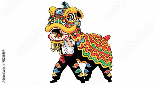 A person wearing a colorful lion dance costume with intricate designs and patterns on a white background.