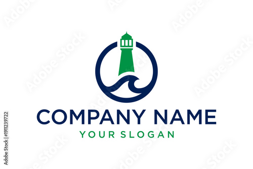 Modern Lighthouse and Ocean Wave Logo Design Template for Company Branding