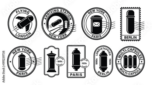 Vintage postage stamps with capsule shape cities and travel theme from London New York Paris Berlin
