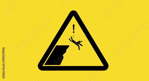 Falling from Height Warning Sign with Person Falling off Cliff, Danger Hazard, yellow background.