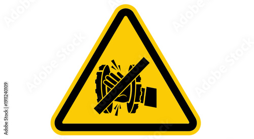 Yellow triangular warning sign with black border depicting a hand being crushed between gears, crossed out, indicating a no crushing hazard.