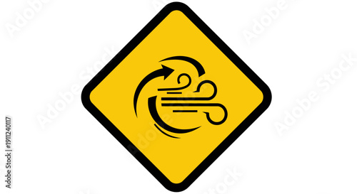 Yellow diamond warning sign depicting strong wind or adverse weather conditions, isolated white background.
