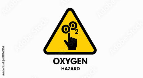 Warning sign indicating an oxygen hazard with a hand symbol and O2 text.