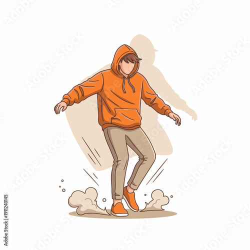 Vibrant vector illustration of a young man in an orange hoodie performing a dynamic street dance move, kicking up dust. Captures urban style and energetic youthful expression
