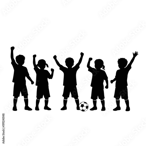 Joyful silhouettes of young soccer players raising their arms in triumph, celebrating a team victory with spirited enthusiasm and shared camaraderie on the field