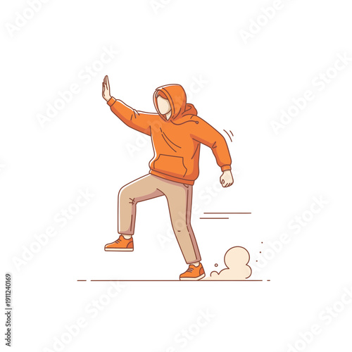 Dynamic vector illustration of a person in an orange hoodie, actively gesturing to stop or halt while moving forward, representing prevention, control, and urban agility