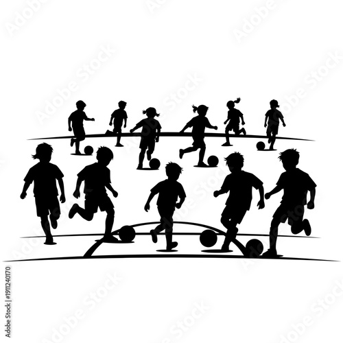 Dynamic silhouette illustration of energetic children playing soccer on a field, capturing the spirit of teamwork and youthful sports activity in a modern graphic style
