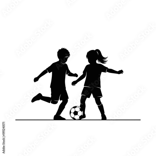 Two children playing soccer in silhouette, kicking a football with energetic movement and athletic stances