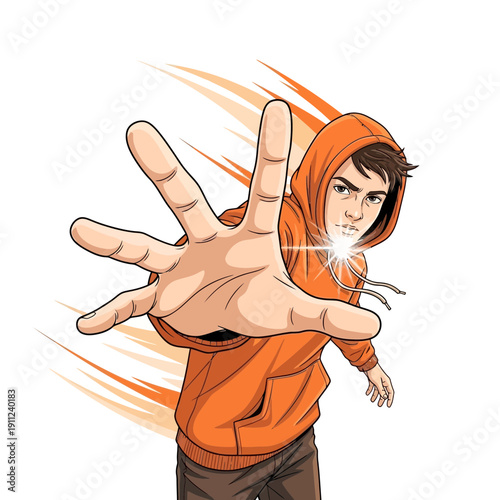 Energetic young man extends hand with dynamic focus, showcasing a powerful and engaging gesture in a vibrant vector illustration capturing motion and determination