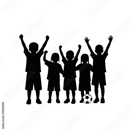 Silhouettes of jubilant children celebrating a team sport victory, embodying joy and camaraderie with raised arms after a successful game on the field