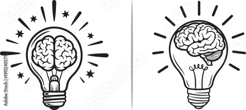 Two minimalist black and white vector illustrations featuring a human brain inside a glowing lightbulb, symbolizing creativity, innovation, and bright ideas.