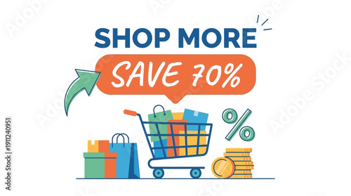 Shop More Save 70% Offer with Shopping Cart and Discount Percentage Graphics
