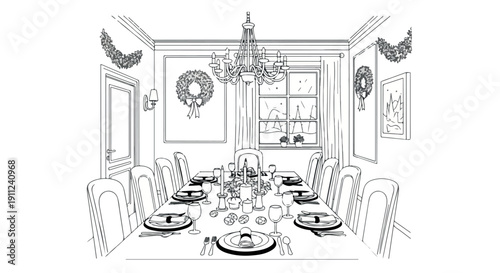 A black and white line drawing of a formal dining room with a long table set for dinner in a classic interior