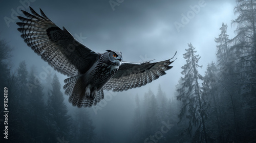 Ai owl flying through dark forest with tall trees during twilight hours