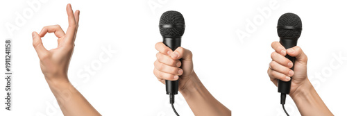 Obraz na płótnie Hand holding imaginary microphone gesture close-up isolated on white background,