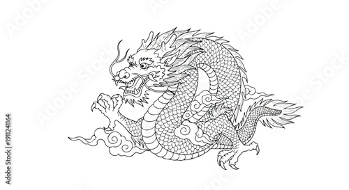 A black and white line drawing of a Chinese dragon with intricate scales and flames on a plain white background.