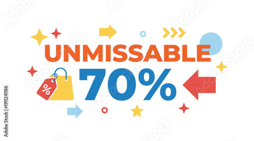 Unmissable 70% Off Sale Banner with Shopping Bag and Arrows