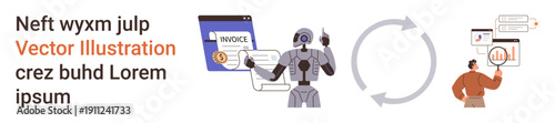 Automation, AI technology, business operations, workflow optimization, data analytics, cycle process. Robot and invoice window, circular workflow arrow and person analyzing data. Automation and AI