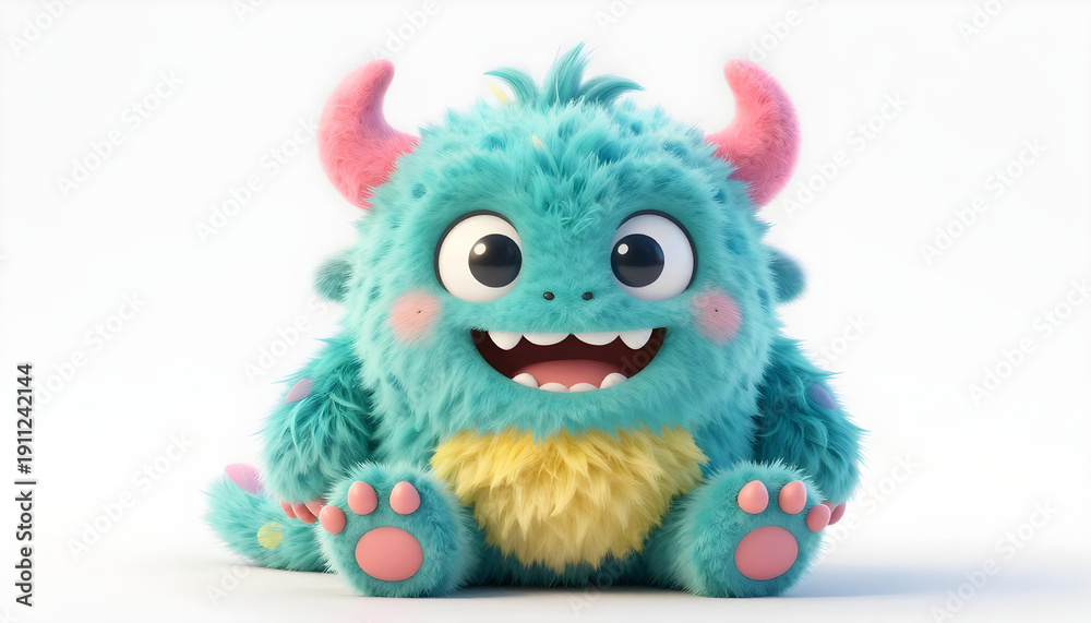 Naklejka premium Cute fluffy teal monster with pink horns and yellow chest sits happily
