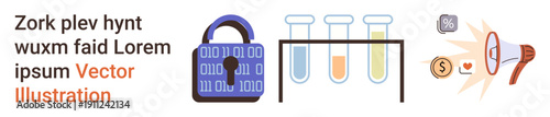 Cybersecurity, data protection, scientific research, digital marketing, technology icons, finance growth. A padlock, test tubes and megaphone. Cybersecurity and scientific research